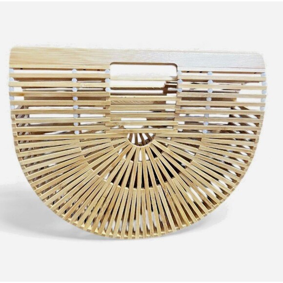 Bamboo Half Moon Arc Handbag Wooden Summer Retro Woven Summer Beach Purse EUC - Picture 1 of 12